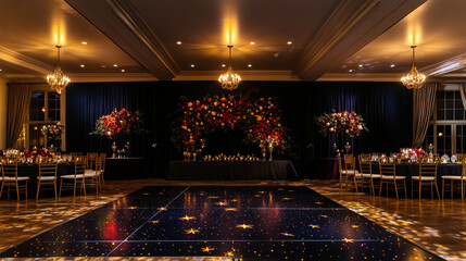 Glam Nighttime Color scheme: Navy, gold, and deep red Starry lights, bold florals, metallic accents Dance floor with a custom decal.