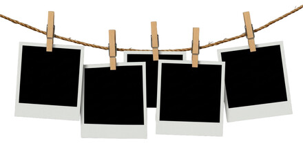 Blank Instant Photo Prints on Clothesline with Wooden Clips - Transparent Background