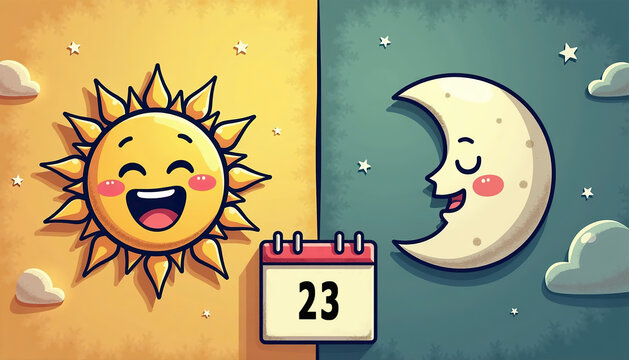 Playful characters of the Sun and Moon with the date of the autumn equinox on the calendar in a bright and cheerful design