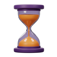 A stylized 3D render of an hourglass with orange sand, symbolizing the passage of time, patience, and waiting. Isolated on a transparent background