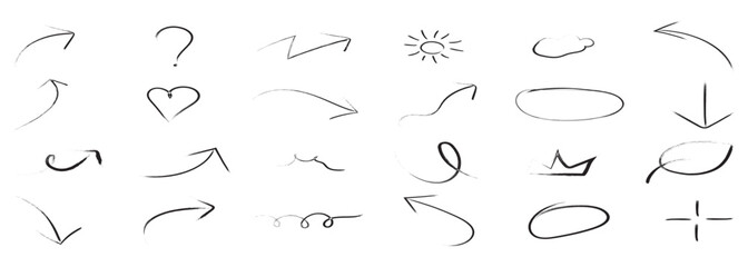 Vector arrow set hand draw style isolated on background for infographic, pictogram. Arrows, vector design elements. Set vector illustration of hand drawn and curved arrows.