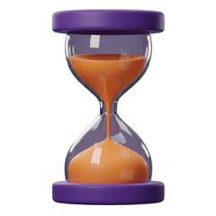 A stylized 3D render of an hourglass with orange sand, symbolizing the passage of time, patience, and waiting. Isolated on a transparent background