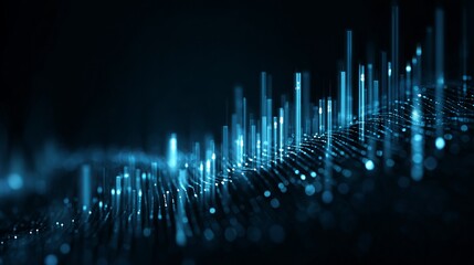 Luminous blue data landscape with glowing abstract elements representing information technology and future digital innovation in dark background.