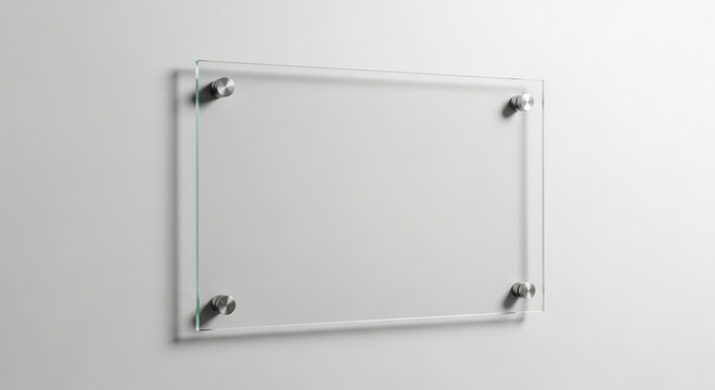 Sleek modern glass sign with brushed metal standoffs mounts on clean white wall