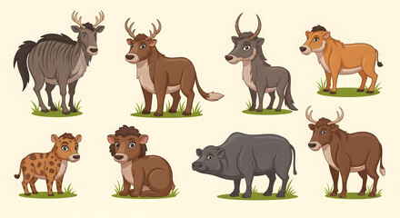 Fototapeta premium Set of Cartoon Deer and Ox Characters