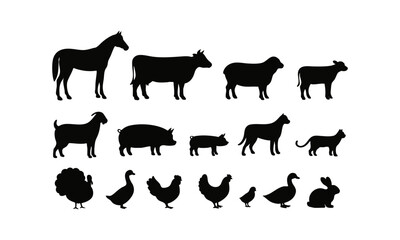 Farm Animals Silhouette Collection  Horse, Cow, Goat, Pig, Poultry & Pets Vector Set , easily editable and scalable.