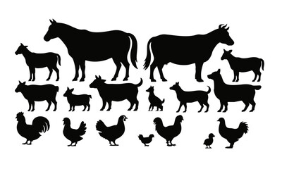 Farm Animals Silhouette Collection  Horse, Cow, Goat, Pig, Poultry & Pets Vector Set , easily editable and scalable.