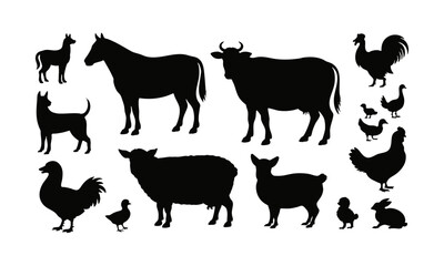 Farm Animals Silhouette Collection  Horse, Cow, Goat, Pig, Poultry & Pets Vector Set , easily editable and scalable.