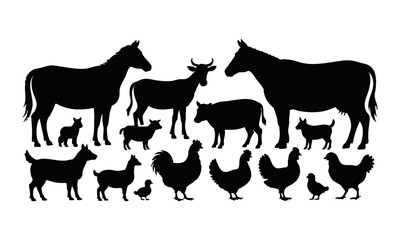 Farm Animals Silhouette Collection  Horse, Cow, Goat, Pig, Poultry & Pets Vector Set , easily editable and scalable.