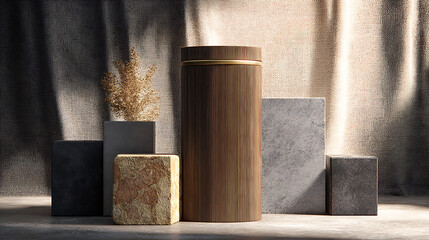 Simple and elegant, focusing on the materials and textures of the plinth, sunlight