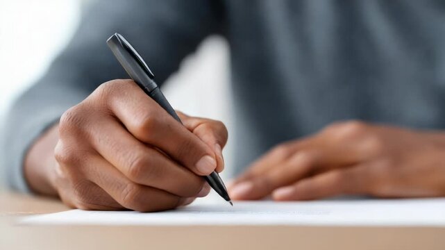 Professional hand writing with black pen on white paper positioned on wooden desk surface, capturing detailed close up of document preparation in office workspace