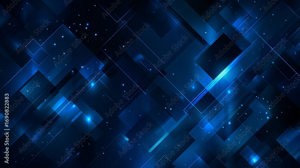 Poster elegant abstract blue background with geometric shapes, sparkling particles, and connecting lines of
