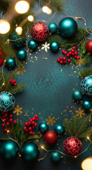 Sparkling Christmas ornaments, festive lights, and greenery create a magical holiday season backdrop