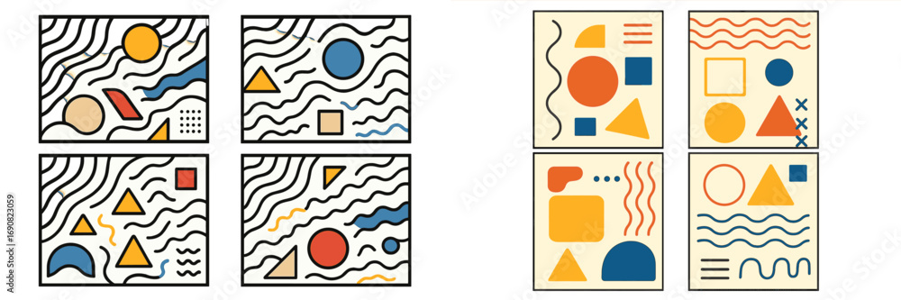 Poster set of modern abstract geometric compositions with basic shapes and bold lines in a retro color pale