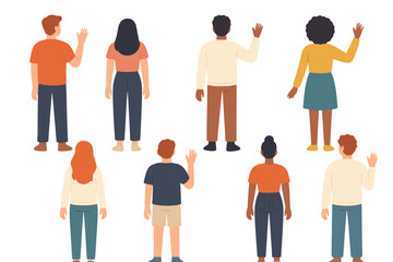 Fototapeta premium Diverse group of multicultural people characters viewed from behind with some waving a friendly greeting gesture