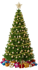 Obraz premium Stunning festive Christmas tree adorned with golden ornaments and warm lights, surrounded by colorful gift boxes.