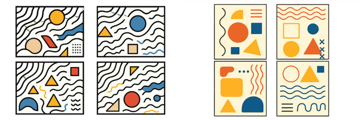 Set of modern abstract geometric compositions with basic shapes and bold lines in a retro color palette