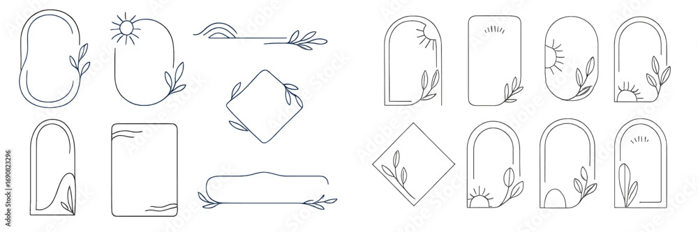 Poster collection of minimalist line art frames with botanical leaf and sun elements for bohemian logo desi