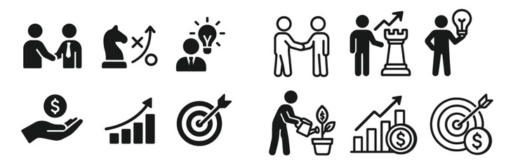 Set of business icons for strategy, finance, and growth including handshake, target, chess piece, and lightbulb