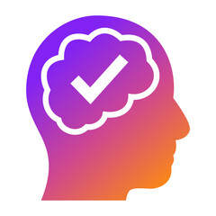 A purple and orange head with a check mark on it. The head is a representation of the brain.