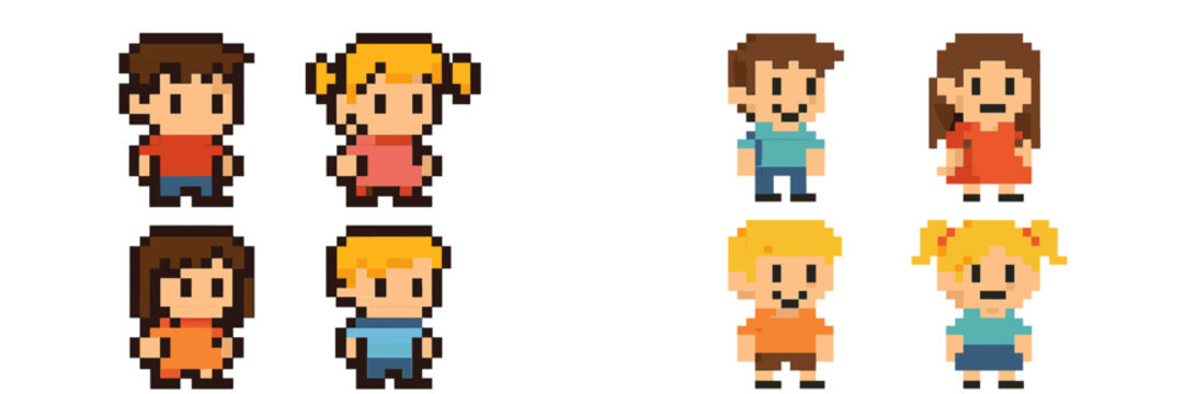 Set of pixel art characters for retro video games, collection of boys and girls in 8-bit style isolated on white background