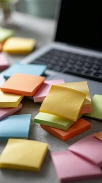 Colorful sticky notes are scattered and stacked on a desk, next to a laptop with a dark screen, suggesting brainstorming and organization in a workspace
