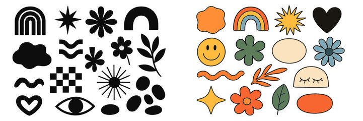 Set of trendy retro groovy abstract shapes and icons with flowers, rainbows, and smiley faces in monochrome and color palettes