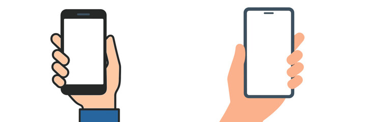 Set of two hands holding modern smartphones with blank white screens for mockup or app presentation isolated on white