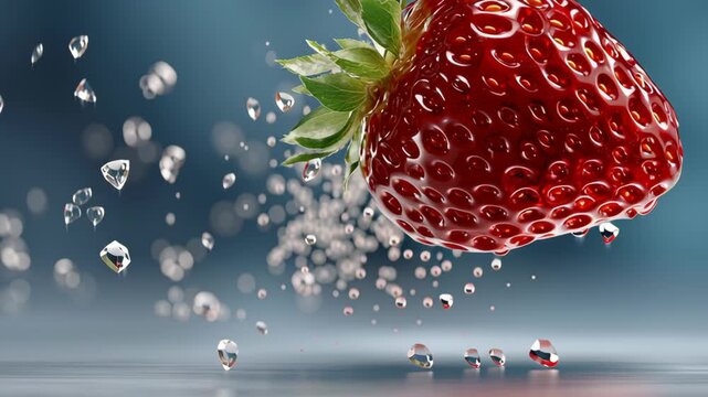 Vibrant strawberry suspended in mid-air, surrounded by sparkling droplets of water, showcasing the dynamic motion and freshness of fruit, capturing the essence of nature's beauty in a captivating sequ