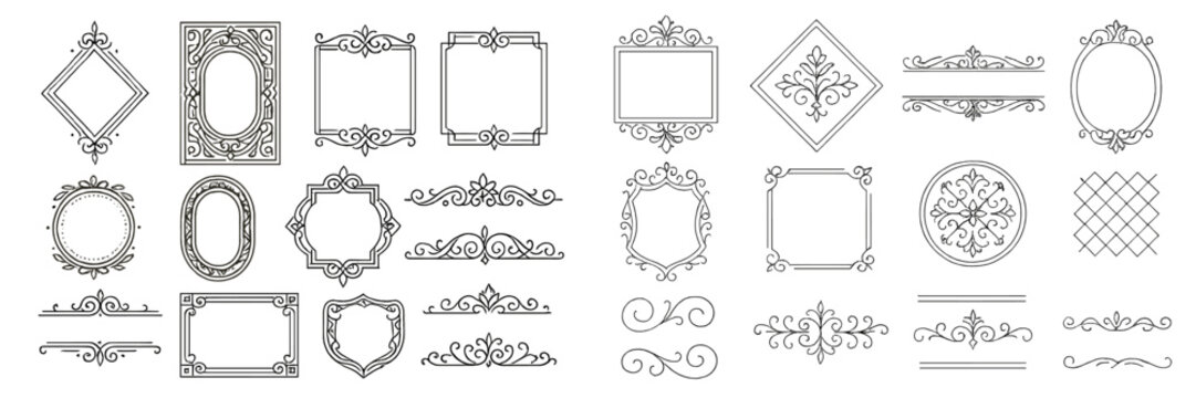 Collection of vintage ornamental frames and decorative dividers with calligraphic flourishes for classic design elements