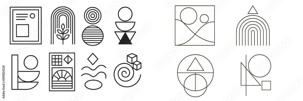 Poster collection of minimalist abstract geometric symbols and modern line art icons with shapes like circl