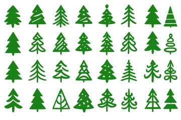 Obraz premium Set of green Christmas tree icons in a hand-drawn doodle style. Simple fir and pine tree silhouettes and outlines for winter holiday design
