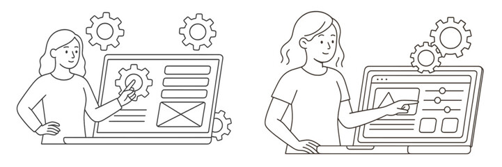 Woman developer working on laptop configuring software settings and user interface design in a simple line art style