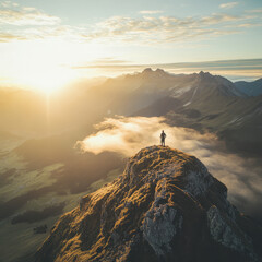 Summit Serenity: a person standing at the apex of a mountain, bathed in the golden hues of sunrise, a majestic panorama.