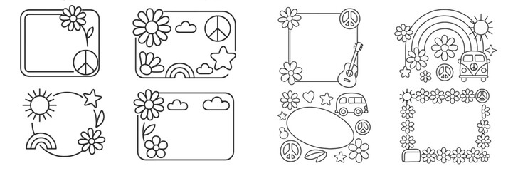 Collection of groovy hippie frames and borders with peace signs, daisies, and rainbows in a retro 1960s doodle line art style
