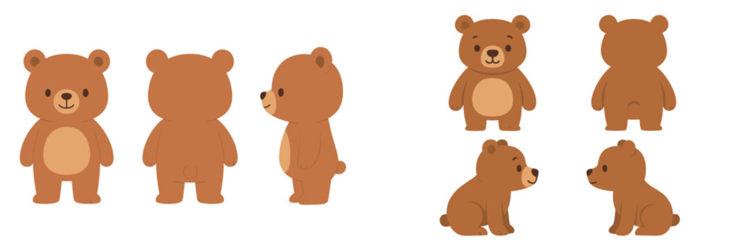 Cute brown bear character sheet with various poses for animation or design, including front, back, and side views in standing and sitting positions