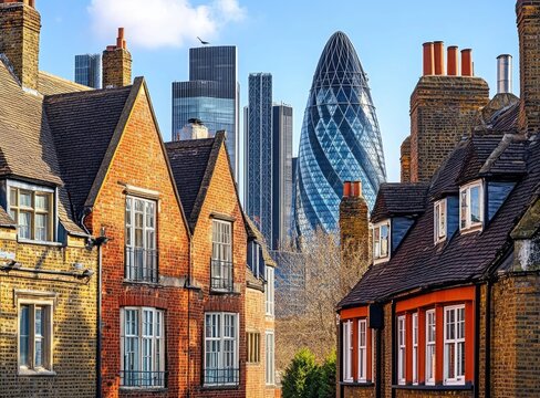 Traditional brick houses contrast modern skyscrapers in city.