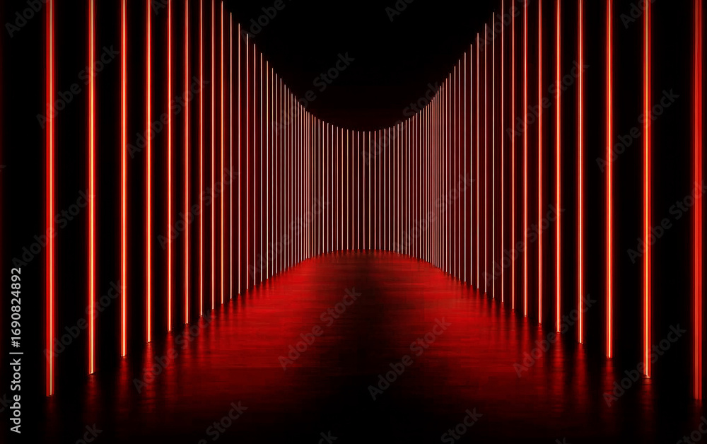Poster red illuminated corridor with symmetric vertical lights creating a modern abstract scene