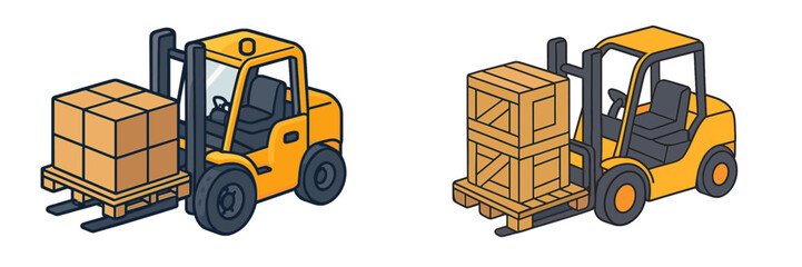 Isometric forklift set with cargo boxes and wooden crate on pallet for warehouse logistics and shipping industry
