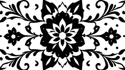 Symmetrical floral design with stylized leaves and a central flower, rendered in black and white.