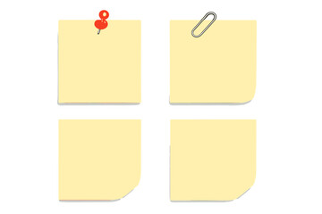 Set of four blank yellow sticky notes with red pushpin and silver paperclip for office reminders and messages isolated on a white background