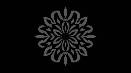 A symmetrical floral design, rendered in grey, centered on a black background.