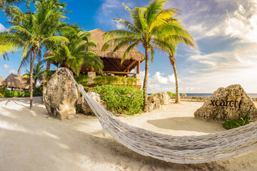 A tropical Caribbean beach landscape scene with a hammock, palm trees and blue sky in sunny day. Vacations in Xcaret park in Mexico in Riviera Maya