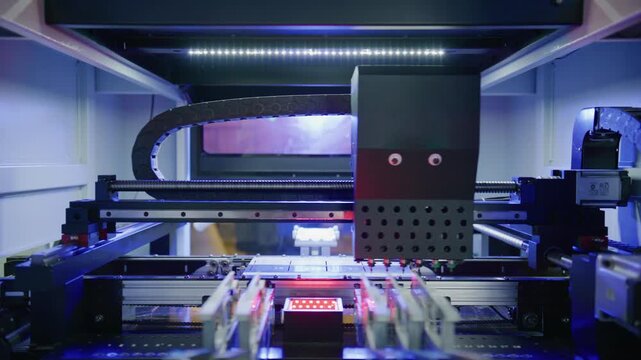 Complex machinery precisely places components onto a circuit board, illuminated by red and blue lights, showcasing advanced manufacturing technology