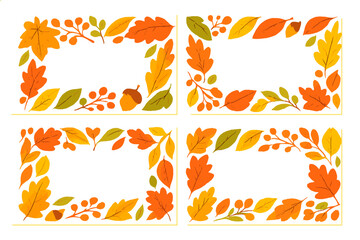 Set of four autumn leaf frames with acorns and berries for seasonal decoration and Thanksgiving greetings on a white background © Andrei