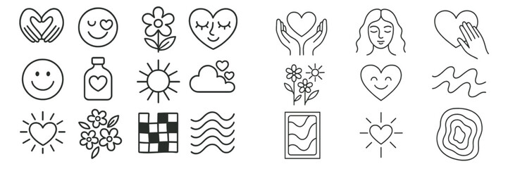 Set of minimalist line art icons for self-care and mental health concepts including hearts, flowers, sun, and positive emotions symbols