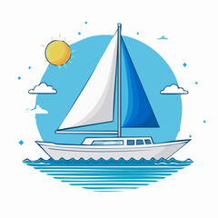 Fototapeta premium Vector illustration of a yacht sailing on the blue ocean waves under a sunny sky, symbolizing a nautical journey, summer vacation, and leisurely adventure