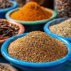 Closeup Of Colorful Bowls Of Spices