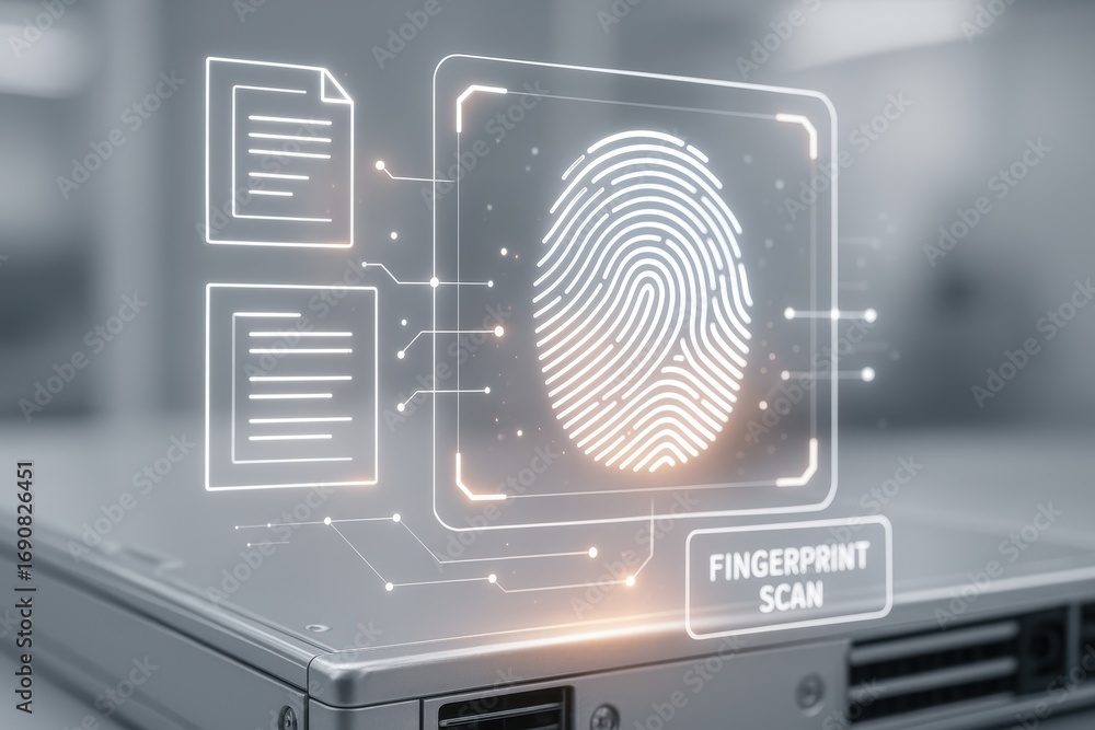 Poster digital fingerprint scan on a laptop, emphasizing security and information protection.