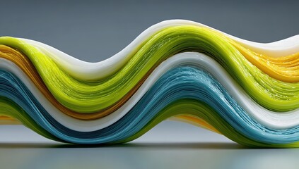 Vibrant abstract wave of colorful layered paper on a gray background.